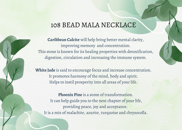 My Two Daughters Jewelry - 108 Bead mala necklace write up Caribbean calcite white jade Phoenix pine