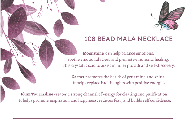 My Two Daughters Jewelry - 108 Bead mala necklace write up Moonstone garnet plum tourmaline