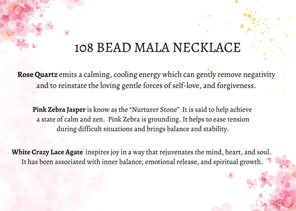 My Two Daughters Jewelry - 108 Bead mala necklace write up rose quartz pink zebra and crazy lace agate