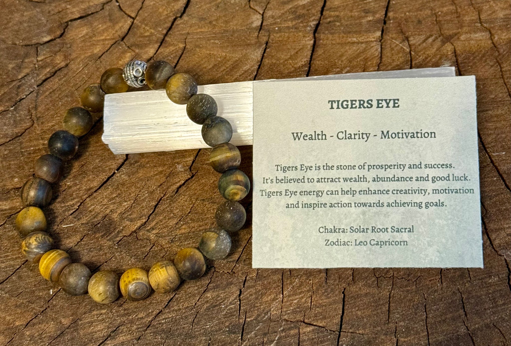 My Two Daughters Jewelry - 8mm Beaded Matte Tigers Eye  Bracelet on Selenite Stick