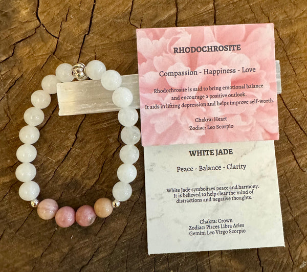 My Two Daughters Jewelry - 8mm Beaded Pink and White Bracelet on Selenite Stick