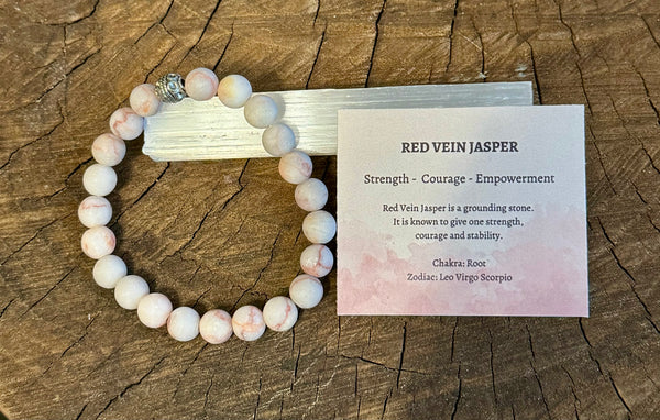 My Two Daughters Jewelry - 8mm Beaded Red Vein Jasper Bracelet on Selenite Stick