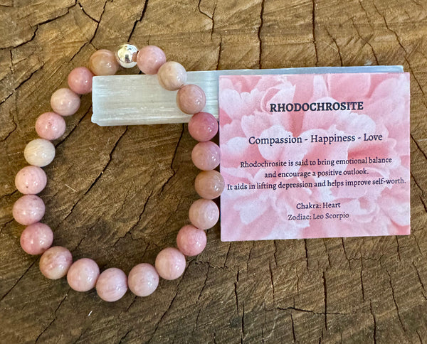 My Two Daughters Jewelry - 8mm Beaded Rhodochrosite 1 Bracelet on Selenite Stick