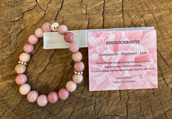 My Two Daughters Jewelry - 8mm Beaded Rhodochrosite Bracelet on Selenite Stick