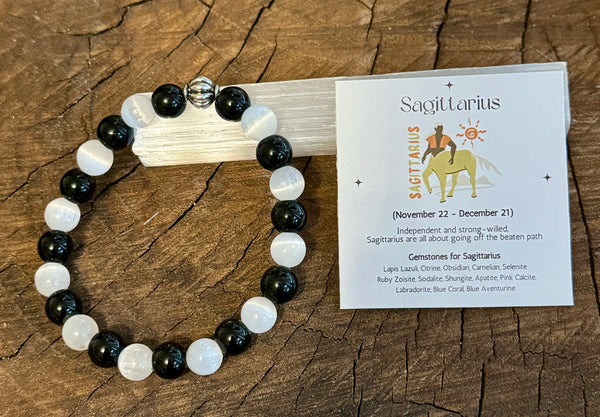 My Two Daughters Jewelry - 8mm_Beaded_Sagittarius_Bracelet_Selenite and Obsidian