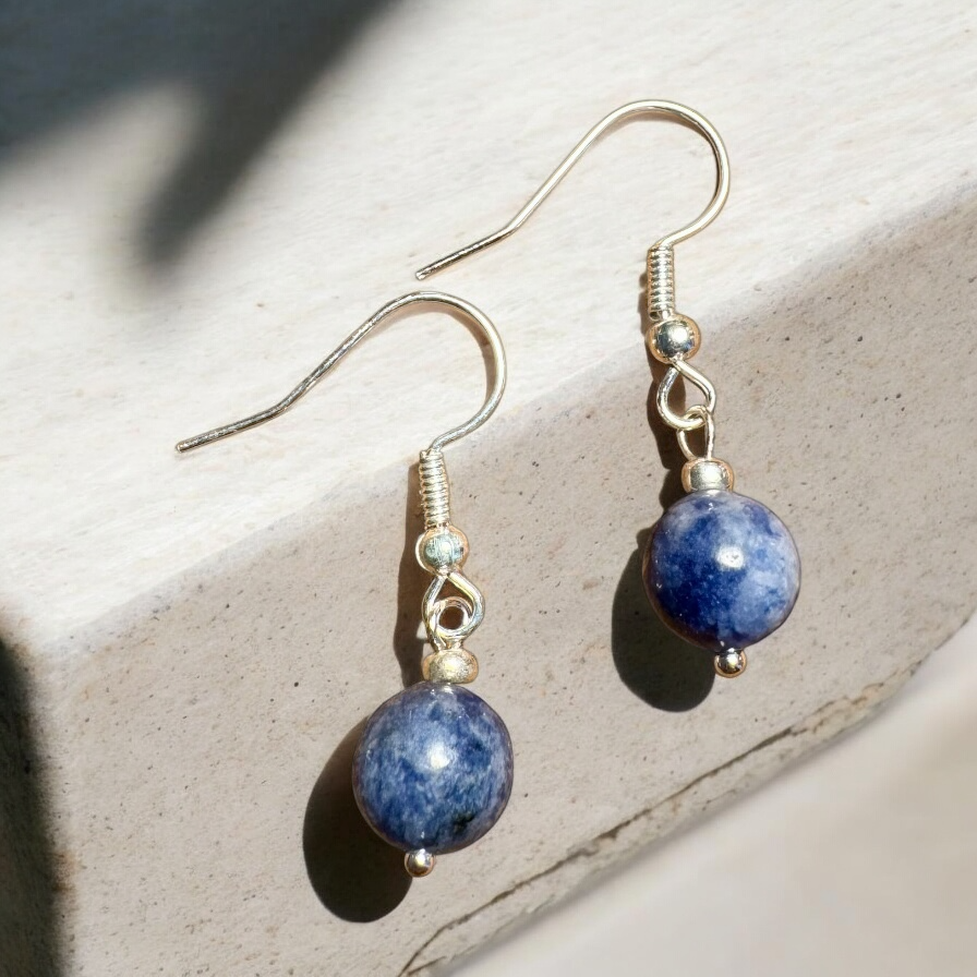 My Two Daughters Jewelry - 8mm Blue  Beaded Silver Earrings