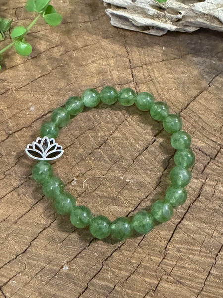 My Two Daughters Jewelry - 8mm Green Beaded Bracelet with Lotus Flower