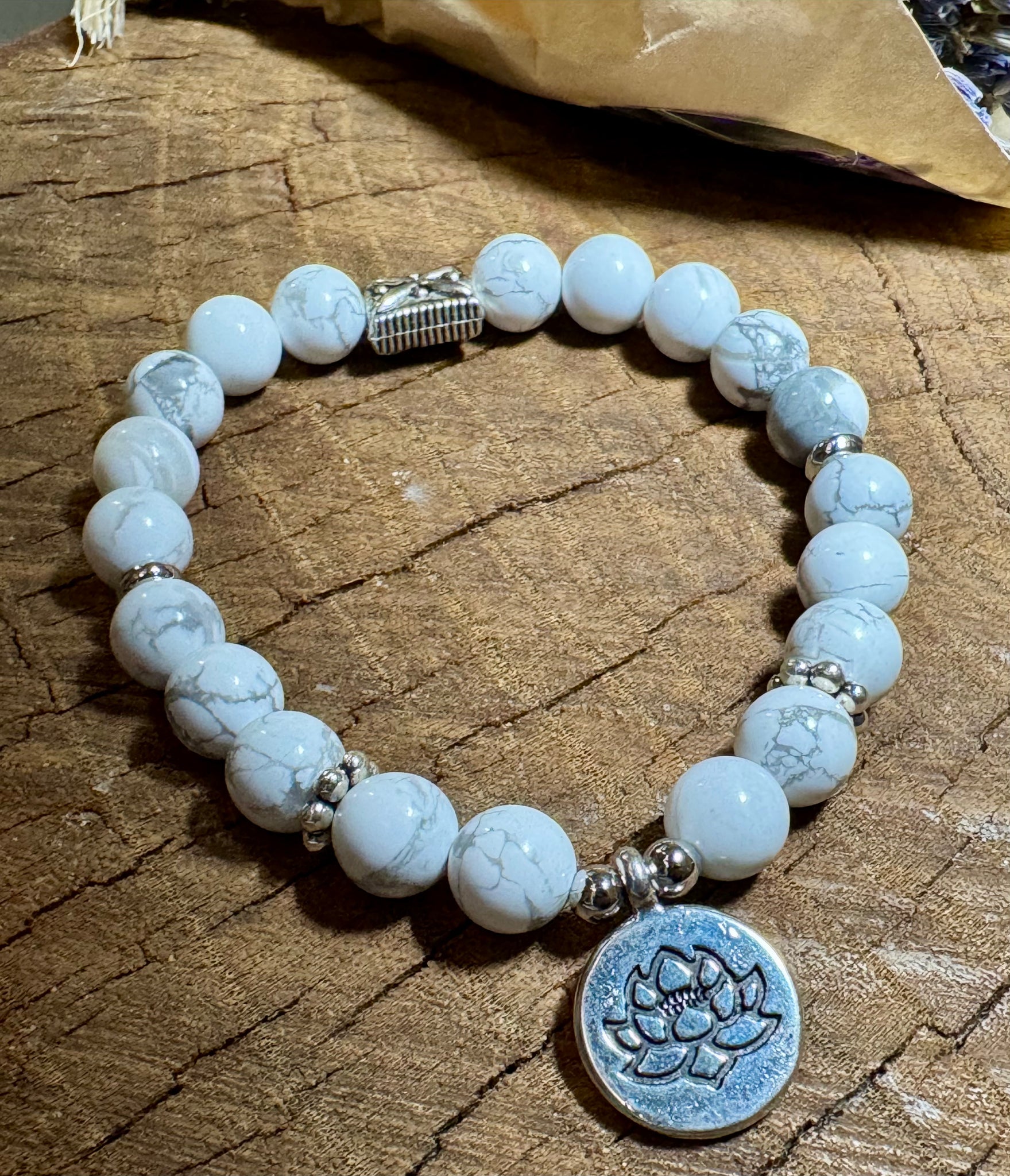 My Two Daughters Jewelry - 8mm Howlite and Lotus Flower Bracelet
