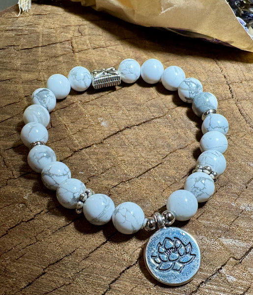 My Two Daughters Jewelry - 8mm Howlite and Lotus Flower Bracelet