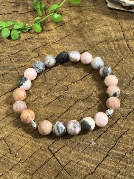 My Two Daughters Jewelry - 8mm  Pink Zebra Jasper  Beaded Bracelet with Heart Lava Stone