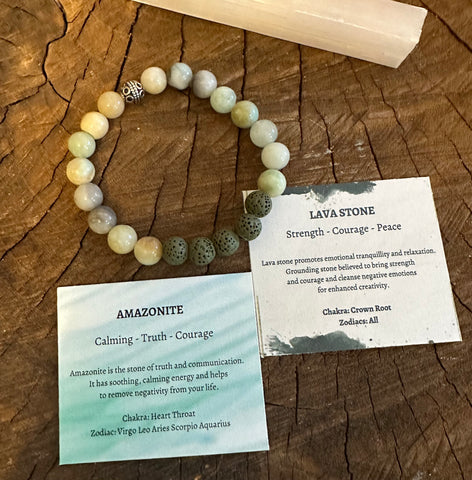My Two Daughters Jewelry - An essential oil bracelet with beads, made of amazonite and lava stone, displayed on a wooden surface with cards describing the properties of each stone.