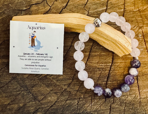 My Two Daughters Jewelry - Aquarius Zodiac Bracelet  Rose Quartz Amethyst