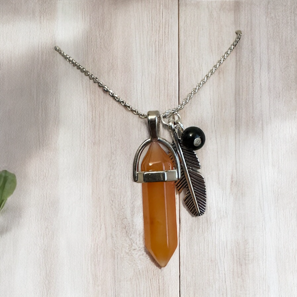 My Two Daughters Jewelry - Carnelian Pendant Point with Feather and Obsidian 
