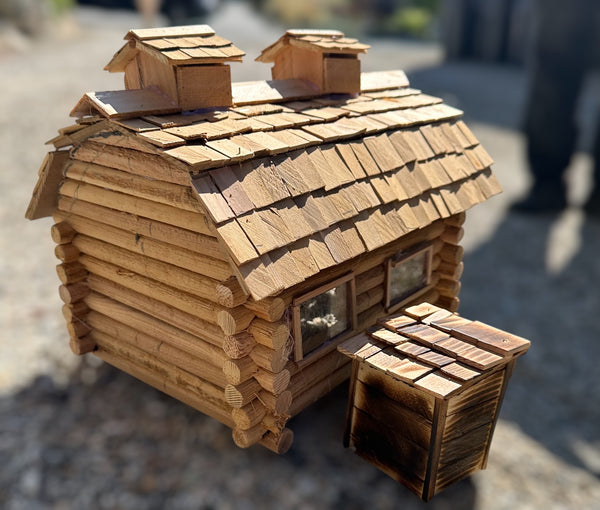 LB - Cedar Log Cabin Decor with small outhouse side view