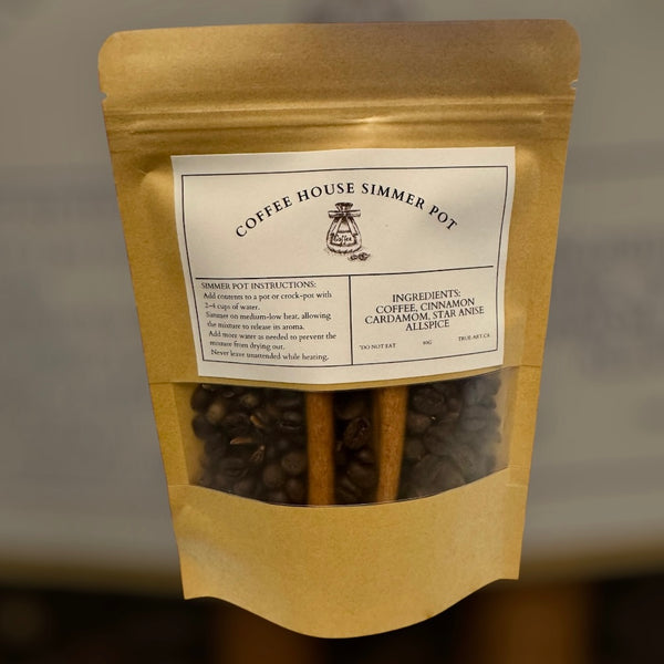 TRUE ART KELOWNA - Kraft paper packaging of Coffee House Simmer Pot with coffee beans and cinnamon sticks on a gray background