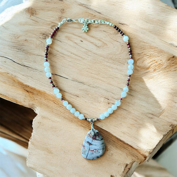 My Two Daughters Jewelry - Crazy Lace Agate, Moonstone Pyrite & Garnet Necklace -16 inches with 2" extender chain