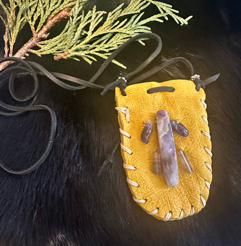 My Two Daughters Jewelry - Deer Hide Medicine Bag with Amethyst and Fluorite