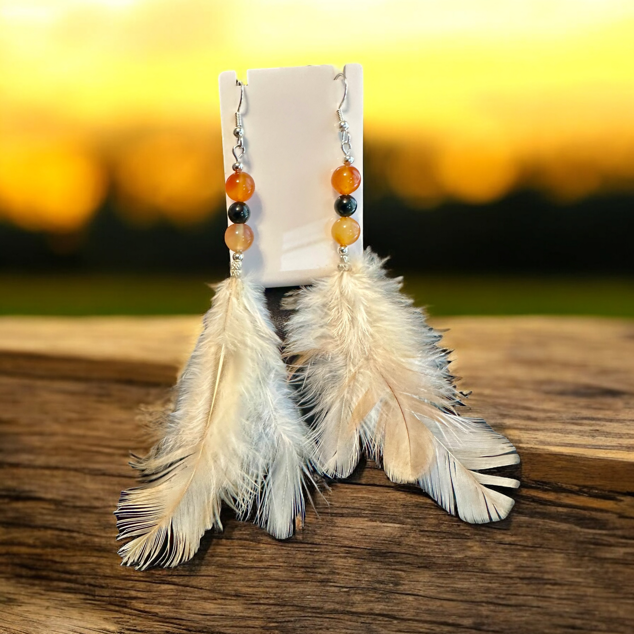 My Two Daughters Jewelry - Feather Earrings With Carnelian and Obsidian 1