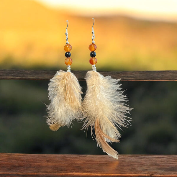 My Two Daughters Jewelry - Feather Earrings With Carnelian and Obsidian 2