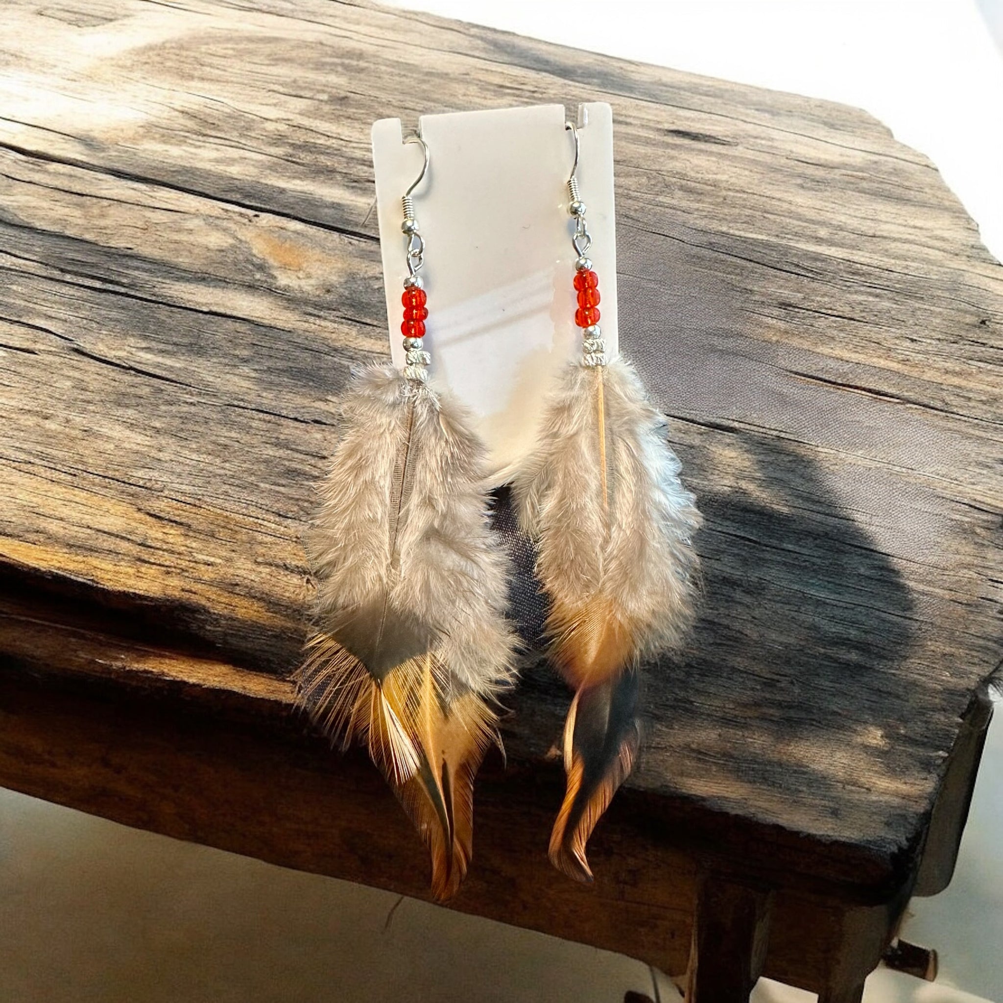 My Two Daughters Jewelry - Feather & Orange Beaded Earrings