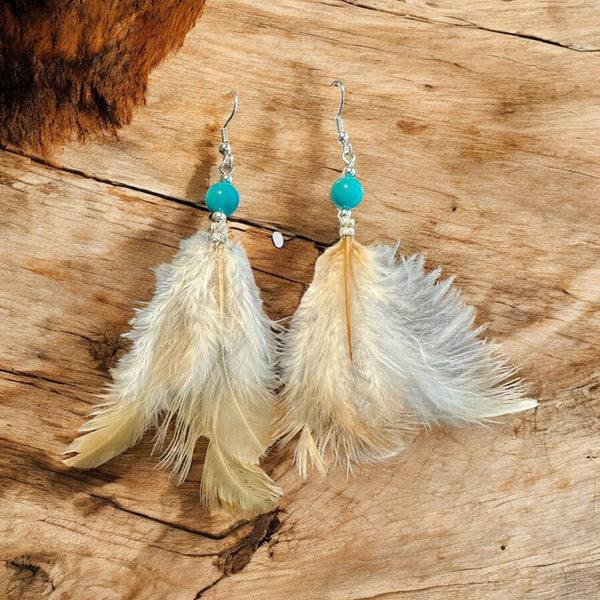 My Two Daughters Jewelry - Feather with Turquoise Beads Earrings Light Feathers