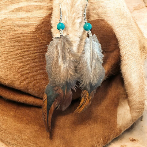 My Two Daughters Jewelry - Feather with Turquoise Beads Earrings