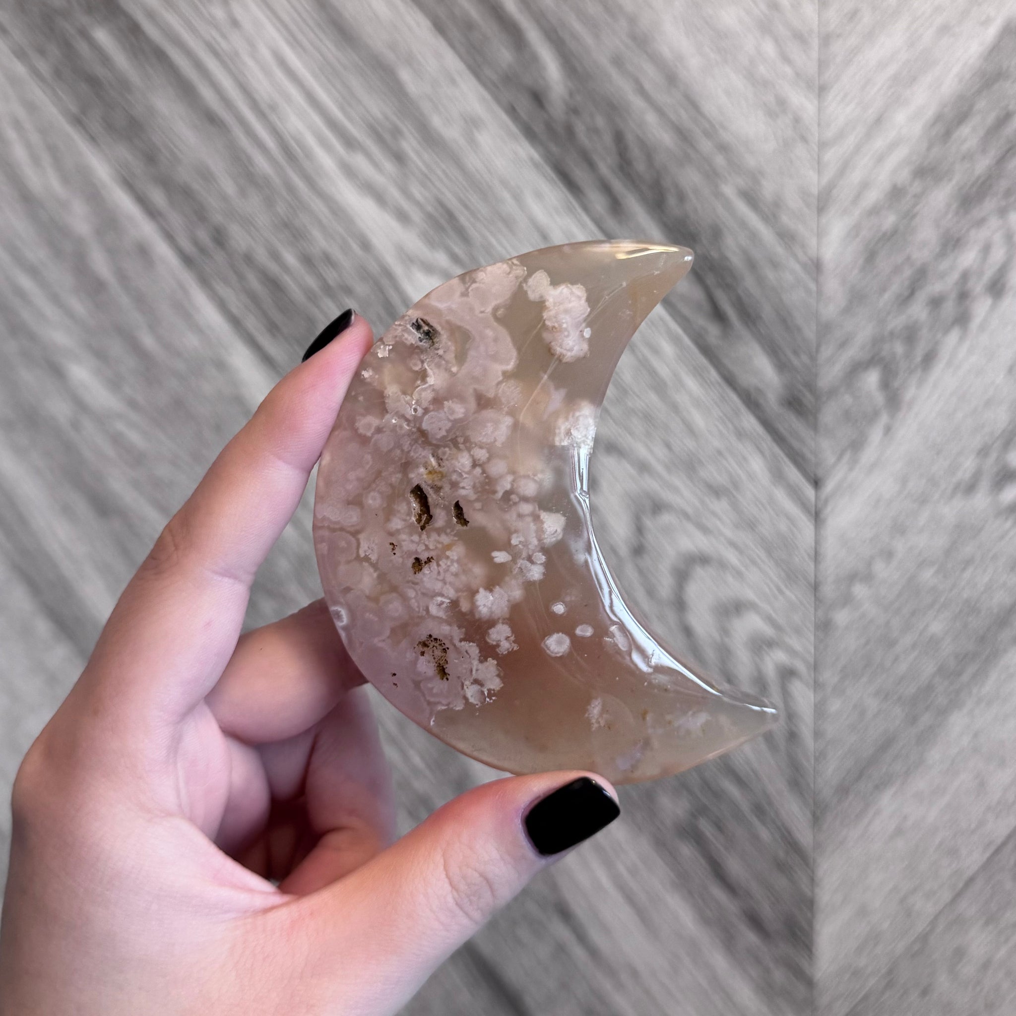 Kelowna Crystal Cave - Flower Agate Moon in Hand