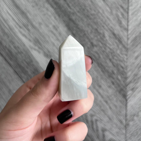 Kelowna Crystal Cave - Green Moonstone Tower in Hand