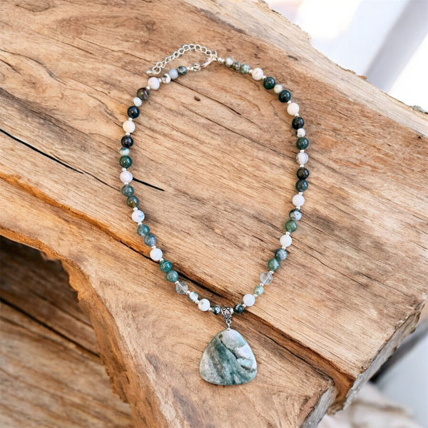 My Two Daughters Jewelry - Handmade Moss Agate White Opal Green Lodolite and Tree Agate Necklace 18 inch with 2" extender chain