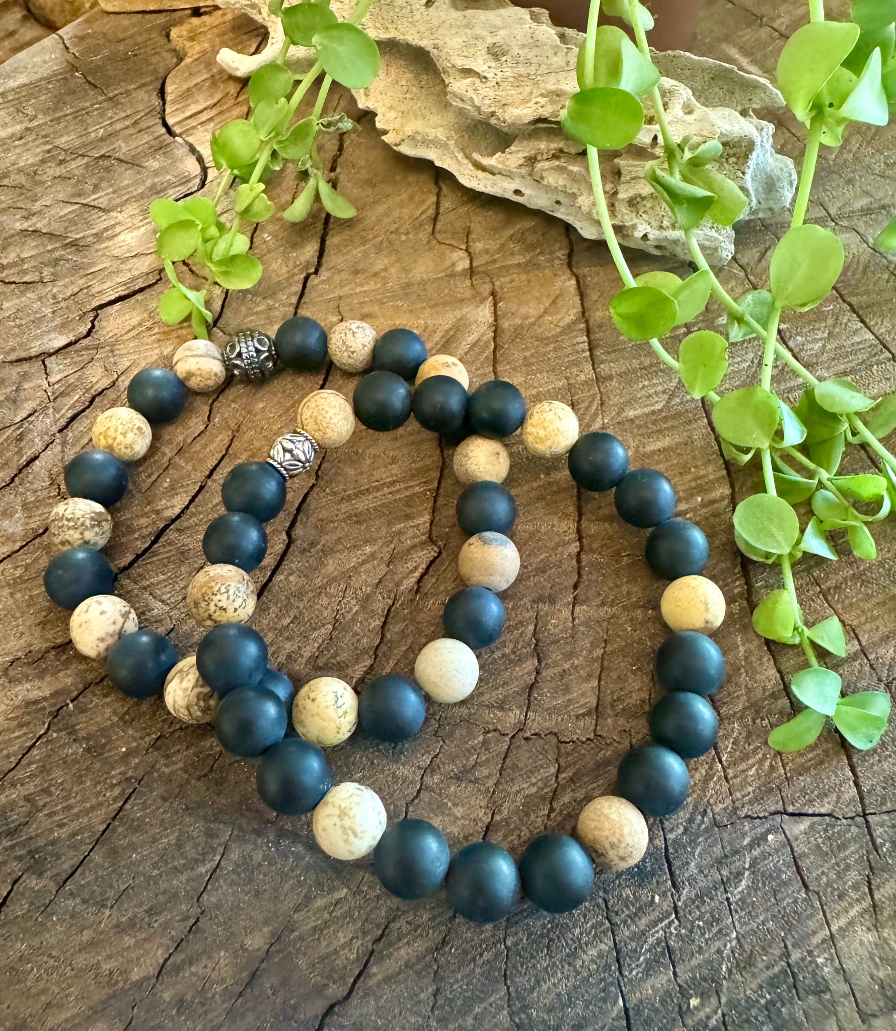 Fancy Beads - 8mm Matte Picture Jasper & Black Onyx