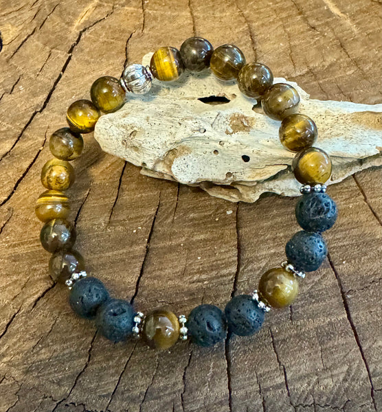 Fancy Beads - 8 mm Tigers Eye & Black Lava Stone Essential Oil Bracelet