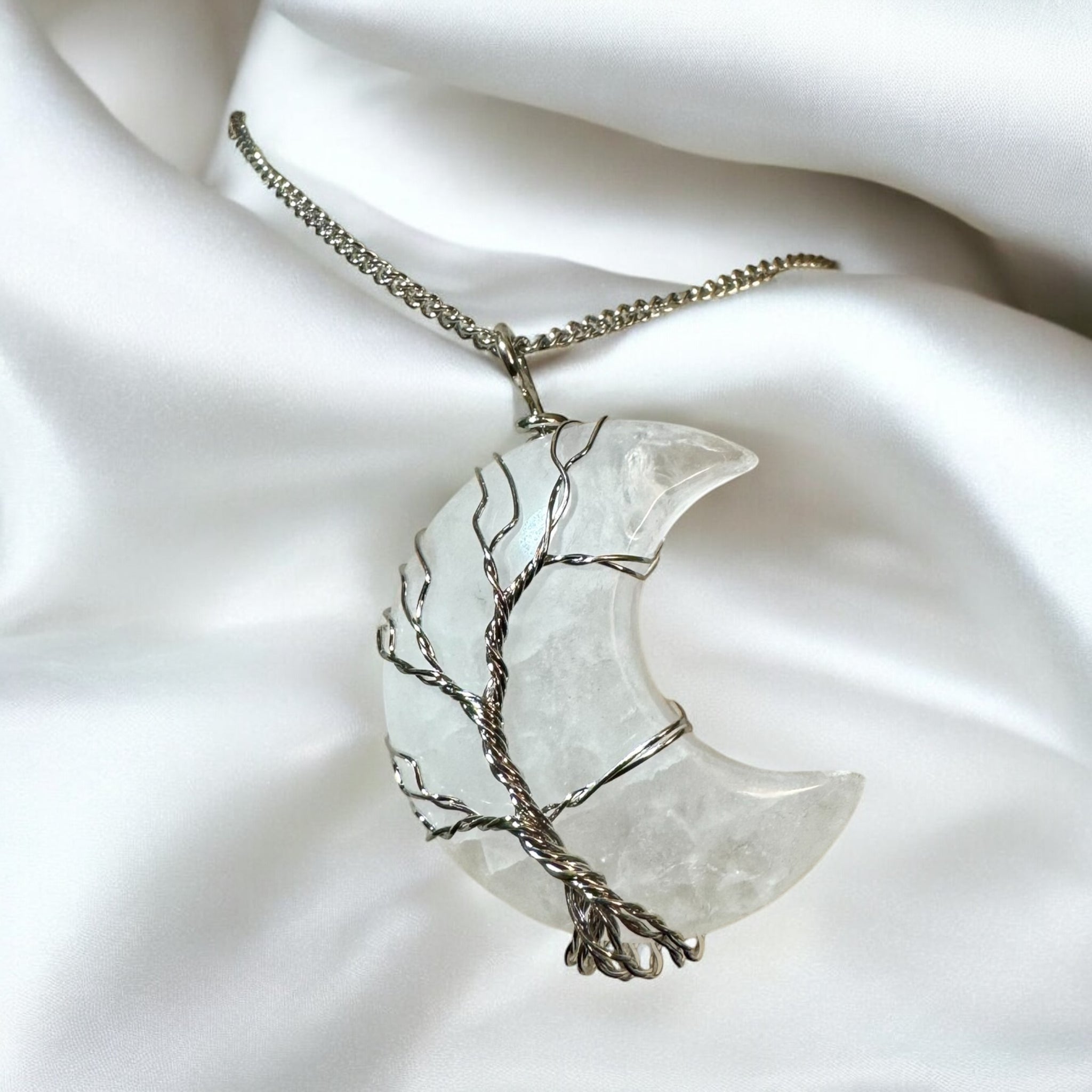 Fancy Beads - Clear Quartz Tree of Life Crescent Moon Necklace