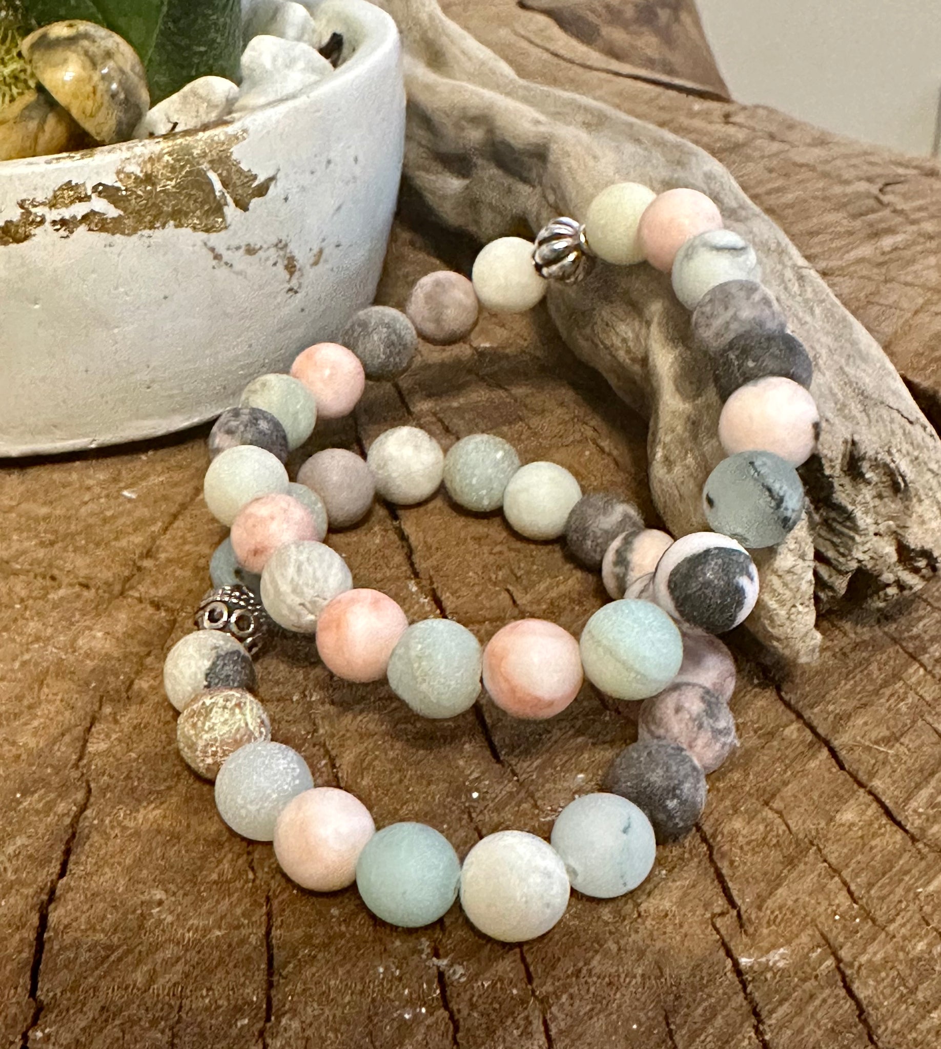 Fancy Beads - 8mm Matte Amazonite & Matte Pink Zebra Jasper Bracelet