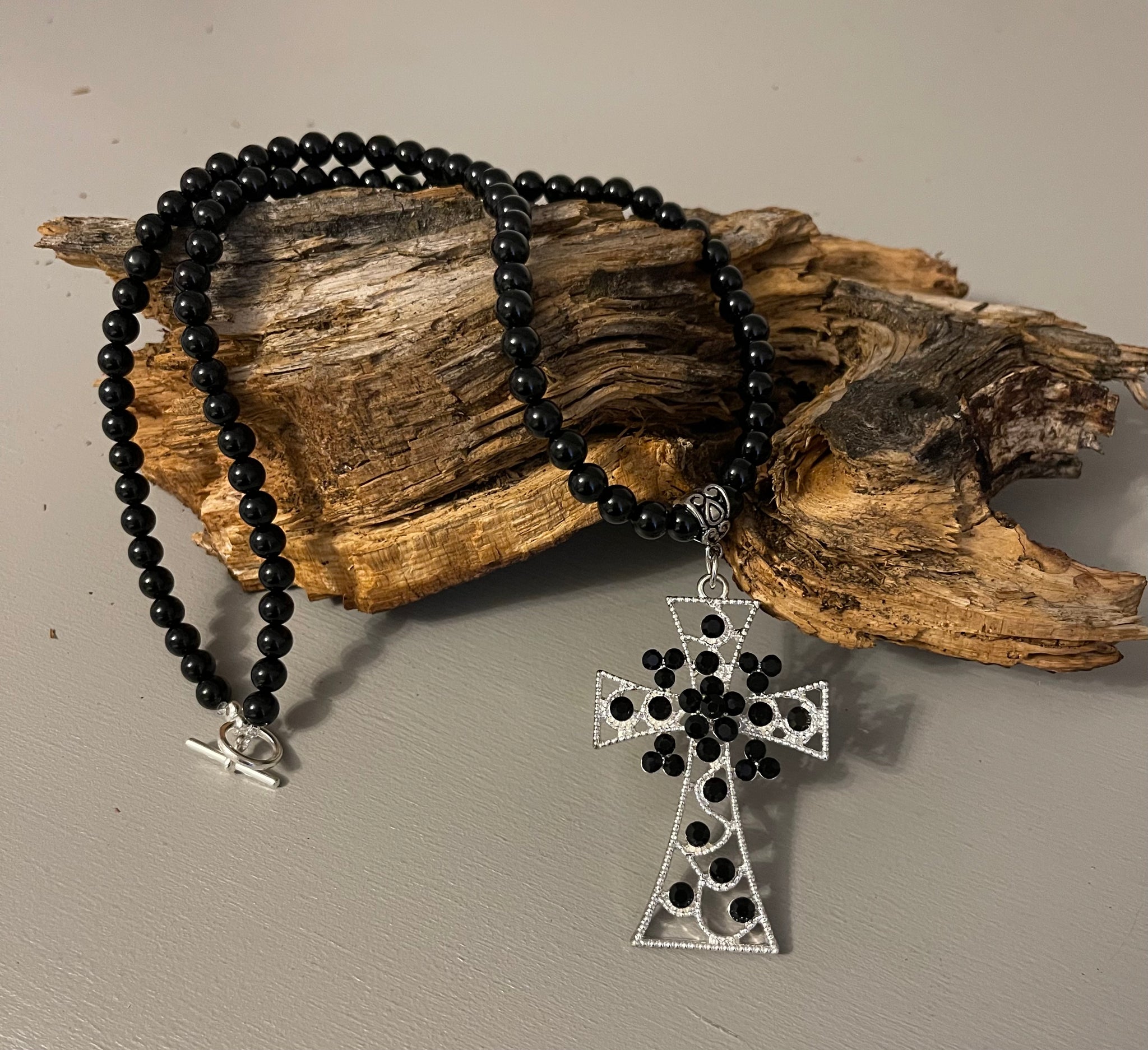 Fancy Beads - Black Onyx Necklace & Cross Pendant