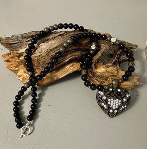 Fancy Beads - Black Onyx & Pyrite Necklace with Heart and Pendant