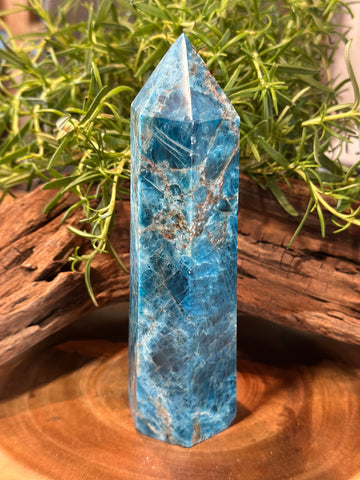 Kelowna Crystal Cave - A blue apatite crystal tower placed on a wooden surface with foliage in the background.