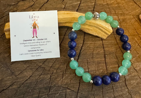My Two Daughters Jewelry - A bracelet with green and blue beads, featuring a card with information about the Libra Zodiac sign and gemstones used in the bracelet.
