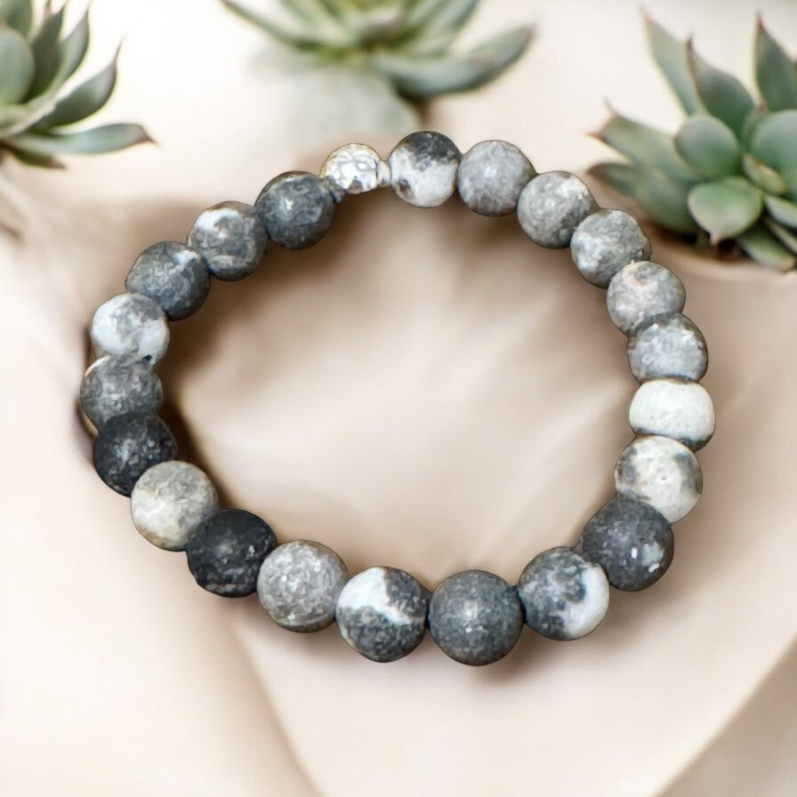 My Two Daughters Jewelry - Matte Black Zebra Jasper 8mm Beaded Bracelet