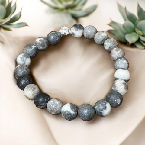 My Two Daughters Jewelry - Matte Black Zebra Jasper 8mm Beaded Bracelet