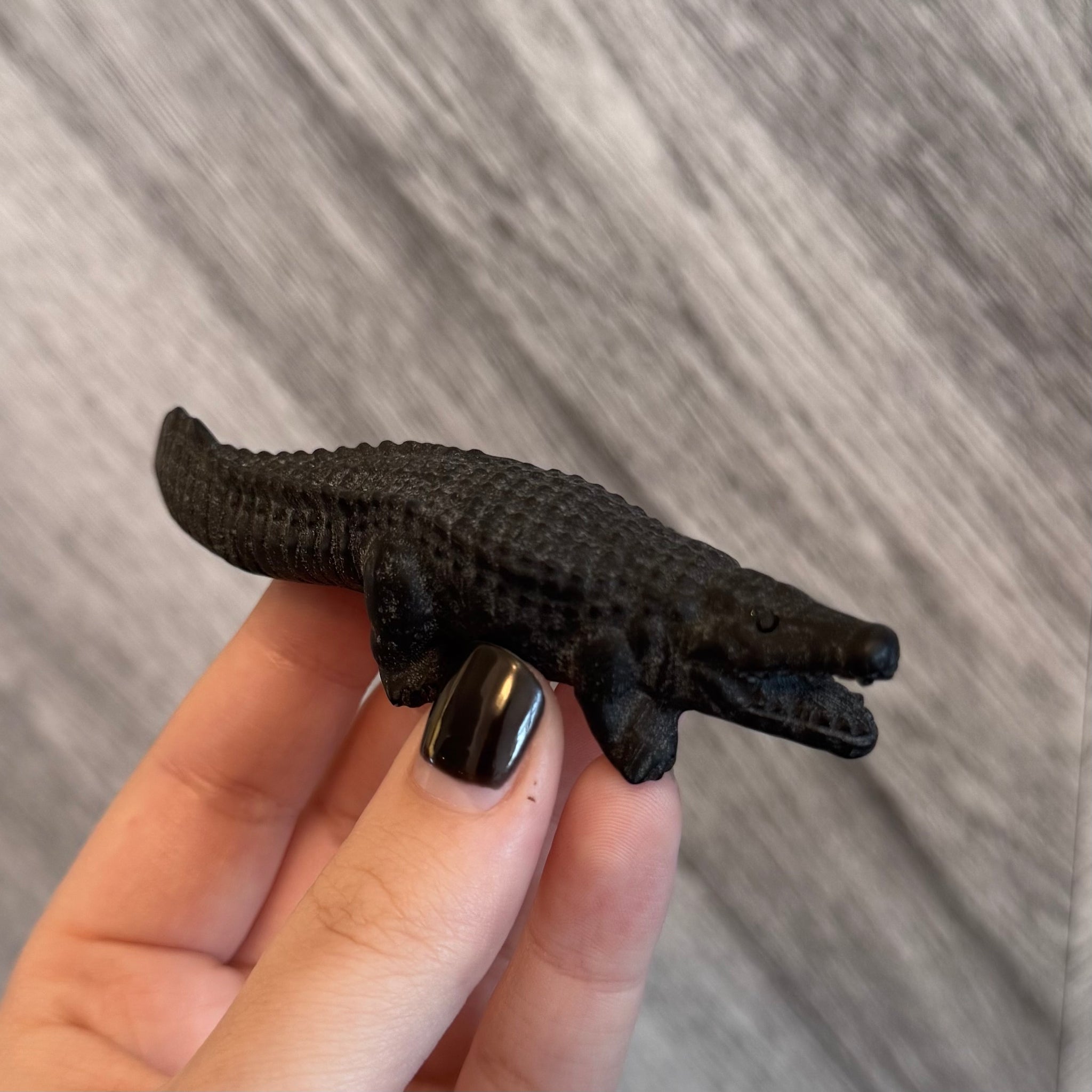 Kelowna Crystal Cave - Small black crocodile figurine held in a hand against a gray background