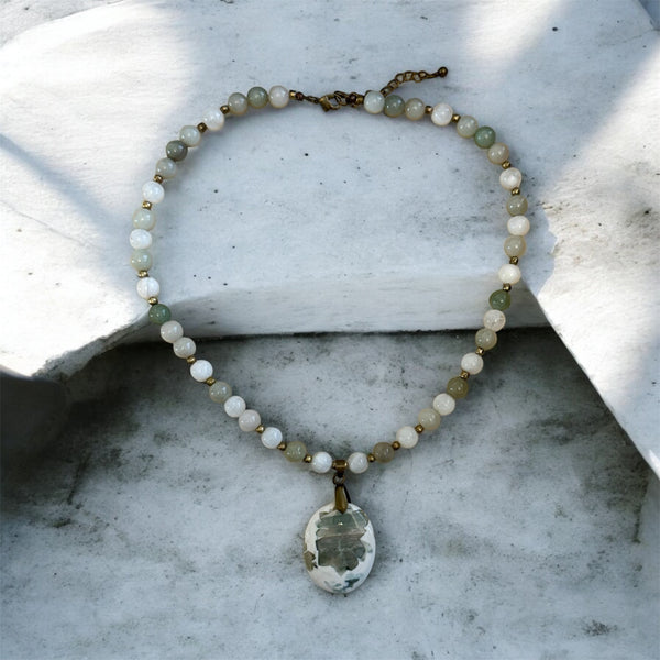 My Two Daughters Jewelry - Peace Jasper , Moonstone with Jade and Bronze accent Necklace