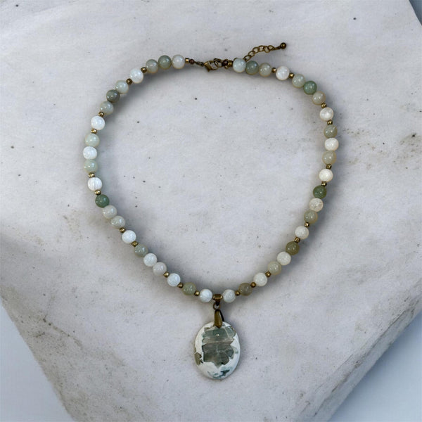 My Two Daughters Jewelry - Peace Jasper with Jade and Moonstone 18 inch Necklace with 2"extender chain
