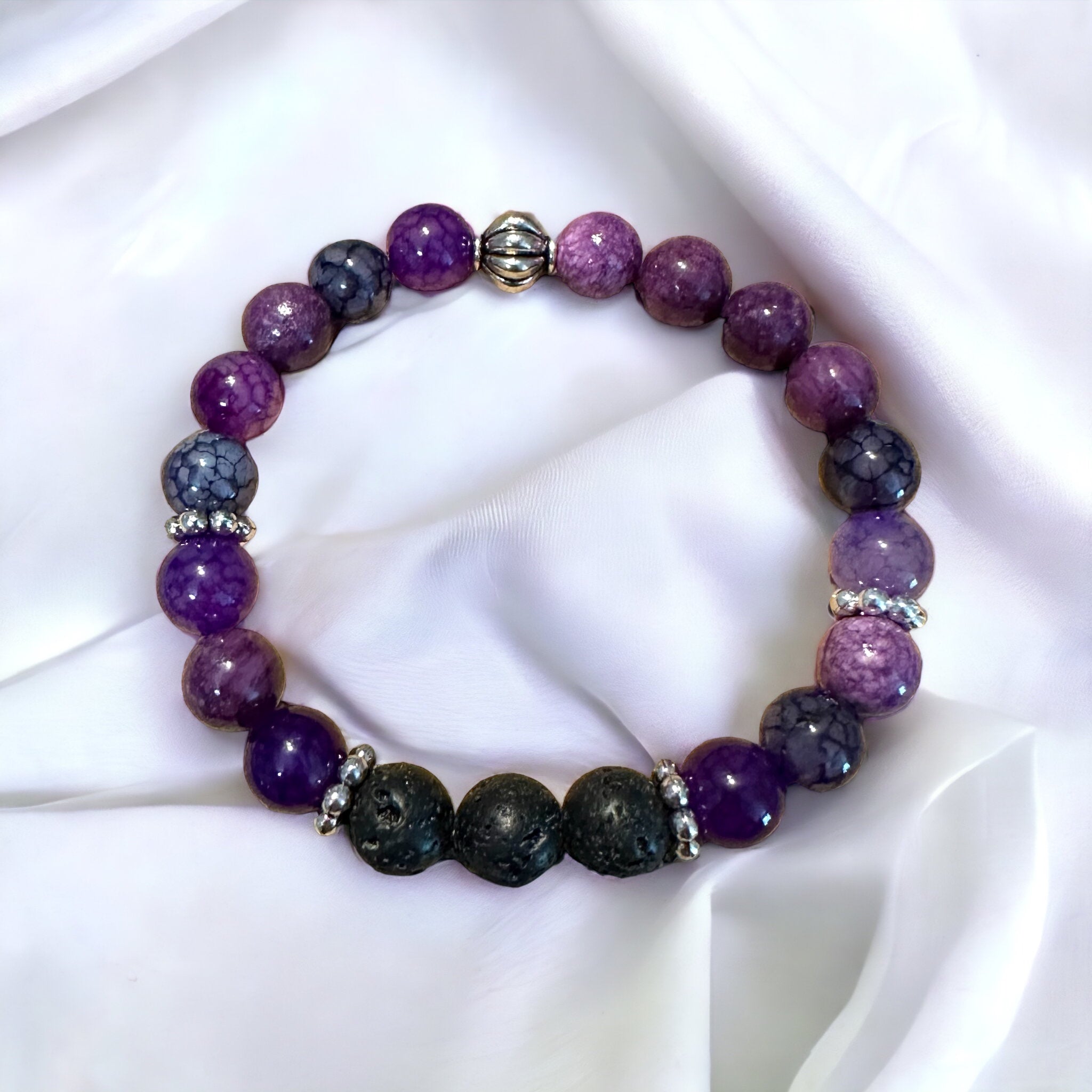 Fancy Beads - 8mm Purple Crackle Agate with Lava Essential Oil Bracelet