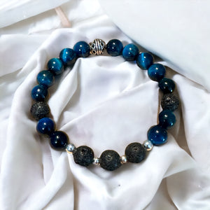 Fancy Beads - 8mm Blue Ink Tigers Eye & Black Lava Essential Oil Bracelet
