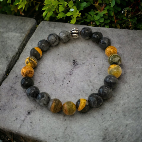 Fancy Beads - 8mm Bumble Bee Jasper & Larvakite Bracelet