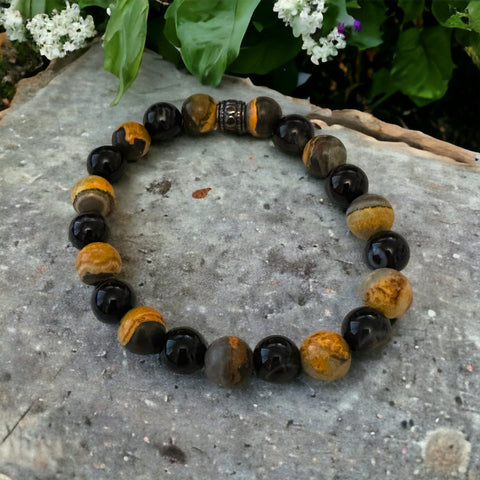 Fancy Beads - 8mm Bumble Bee Jasper & Black Agate Bracelet