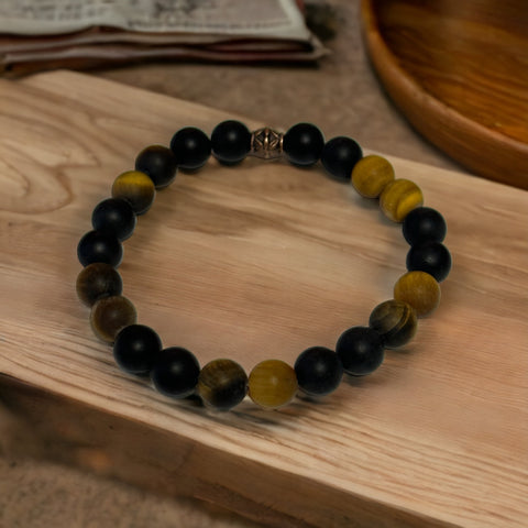 Fancy Beads - 8mm Matte Tigers Eye & Matte Black Agate Bracelet