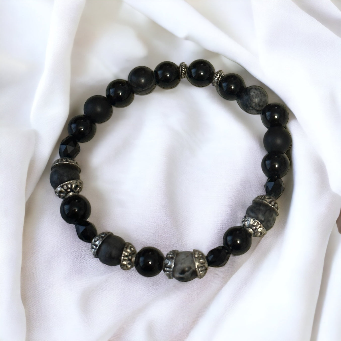 Fancy Beads - 8mm Snowflake Obsidian & Black Obsidian Bracelet