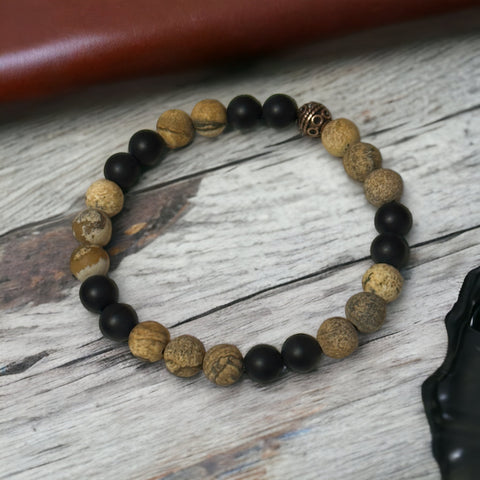 Fancy Beads - 8mm Picture Jasper & Matte Black Agate Bracelet