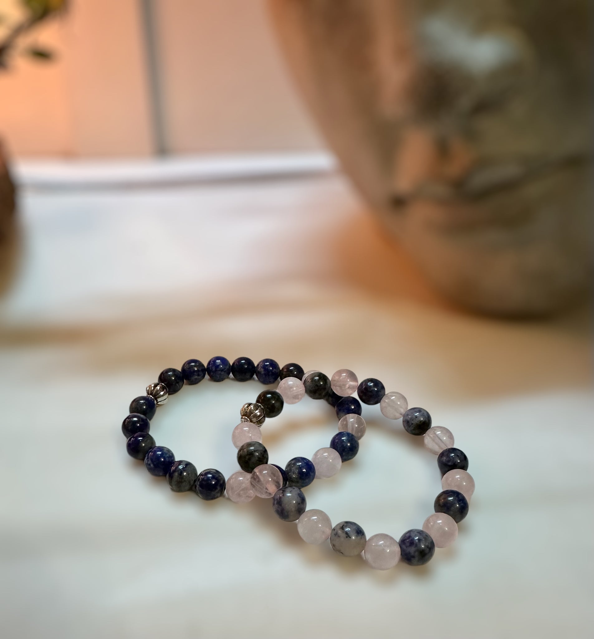 Fancy Beads - 8mm Rose Quartz & Lapis Bracelet/ Rose Quartz & Blue Spot Jasper